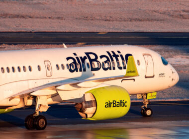 Riga,,Latvia,-,March,02,,2020:,Airbaltic,Airbus,A220,Taxi