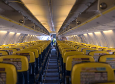 Ryanair Jet airplanes interior empty view.