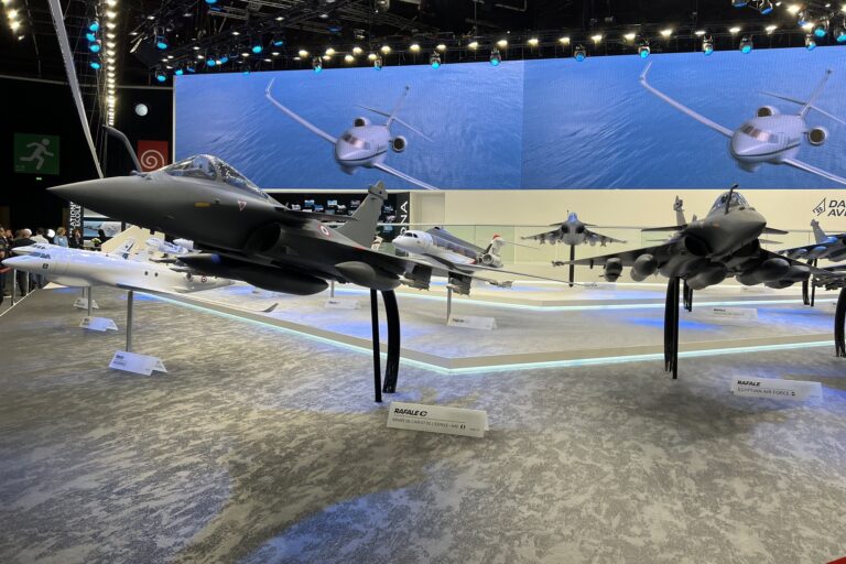 Rafale models at Dassault Aviation stand during Paris Air Show 2023