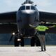 USAF B-52H Stratofortress strategic bomber arriving in civilian airport